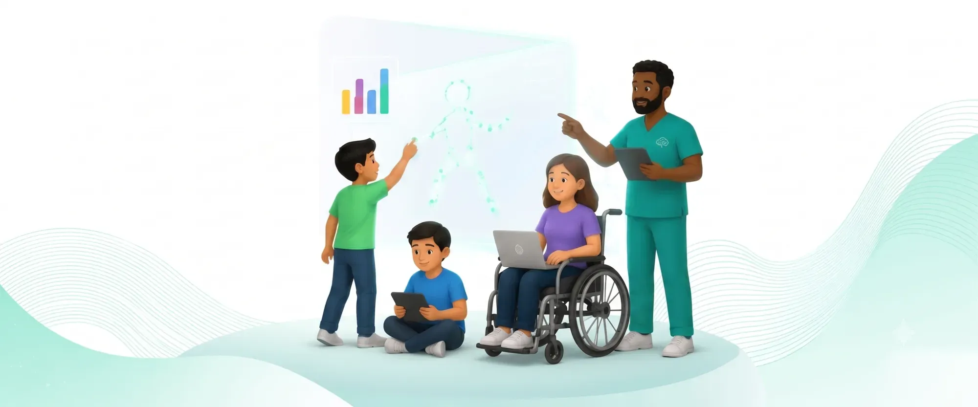 Ilustración de personas diversas —incluida una usuaria en silla de ruedas y un terapeuta— interactuando con tecnología Wuupi mediante una pantalla con detección de movimiento.
